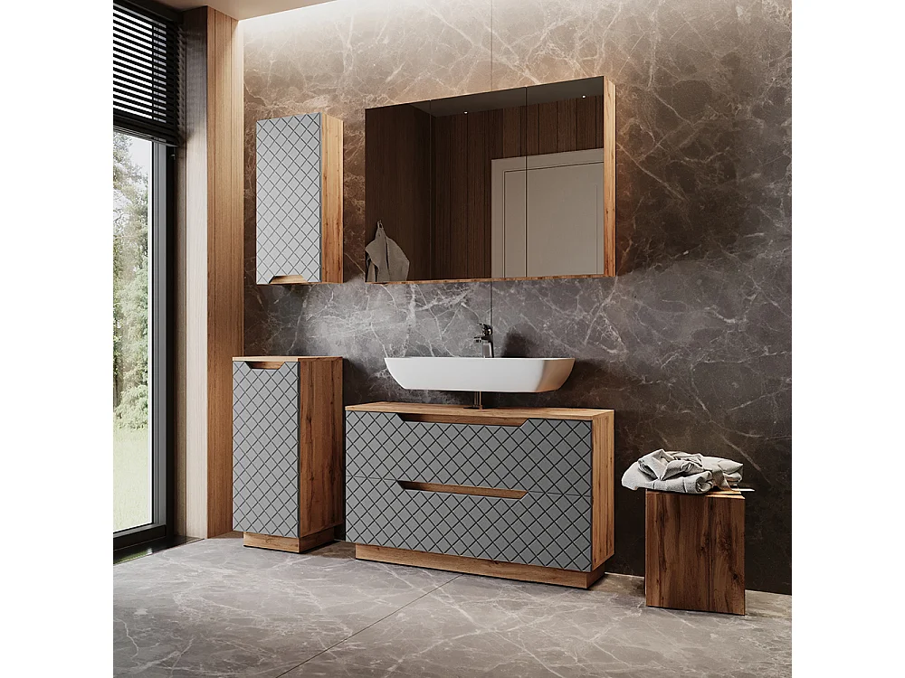 Badmöbel-Set eiche/grau mit kachelstruktur 99.4x32x62.5 lotta