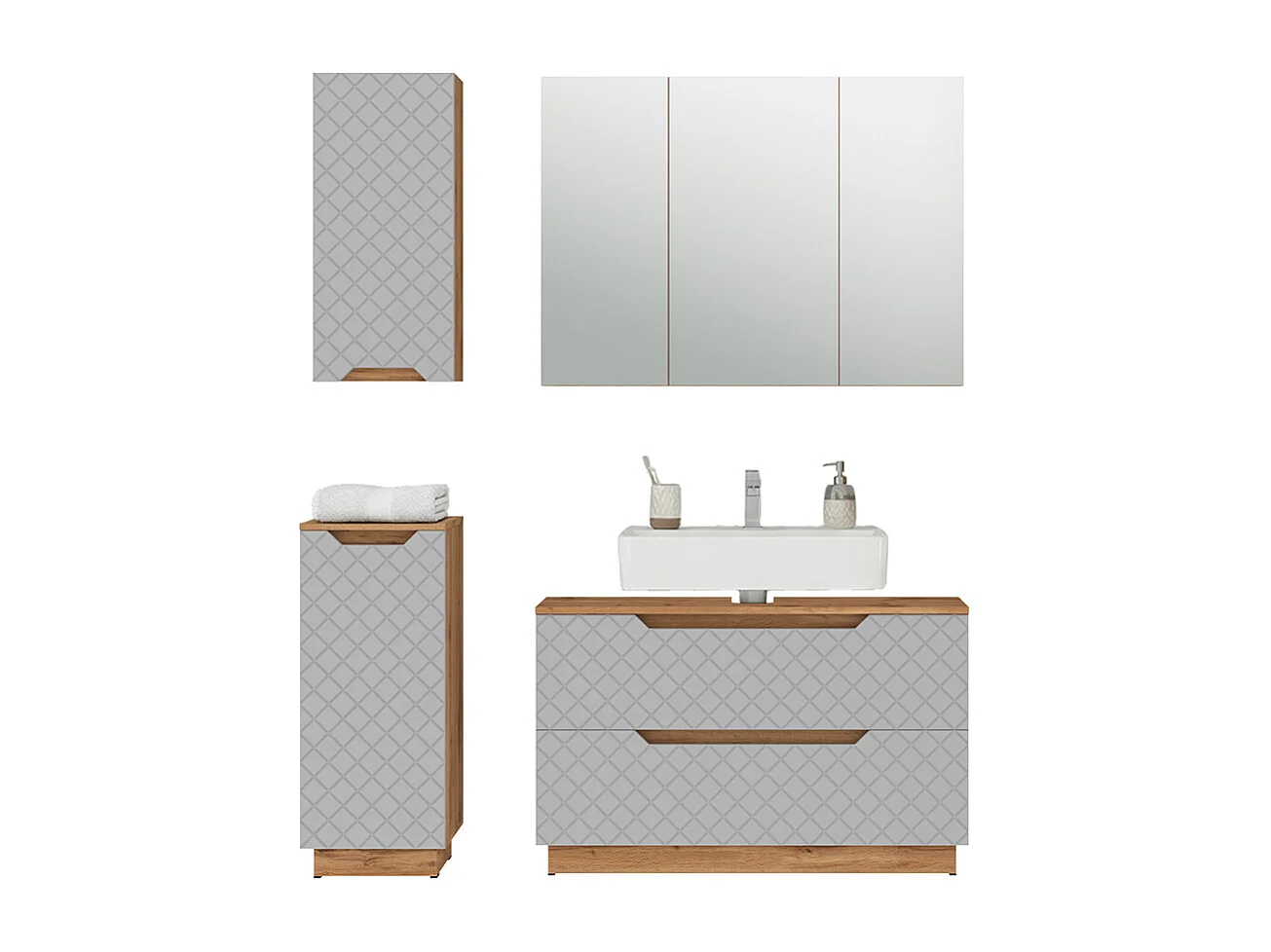 Badmöbel-Set eiche/grau mit kachelstruktur 99.4x32x62.5 lotta