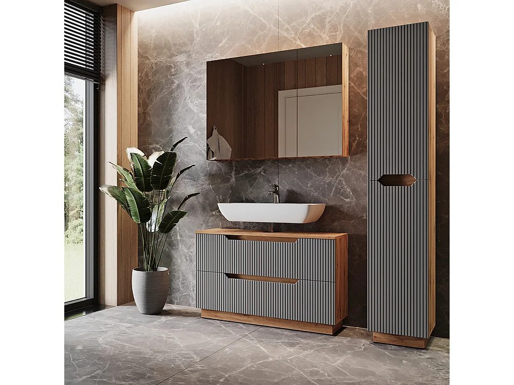 Badmöbel-Set eiche/grau gestreift 99.4x32x62.5 lotta