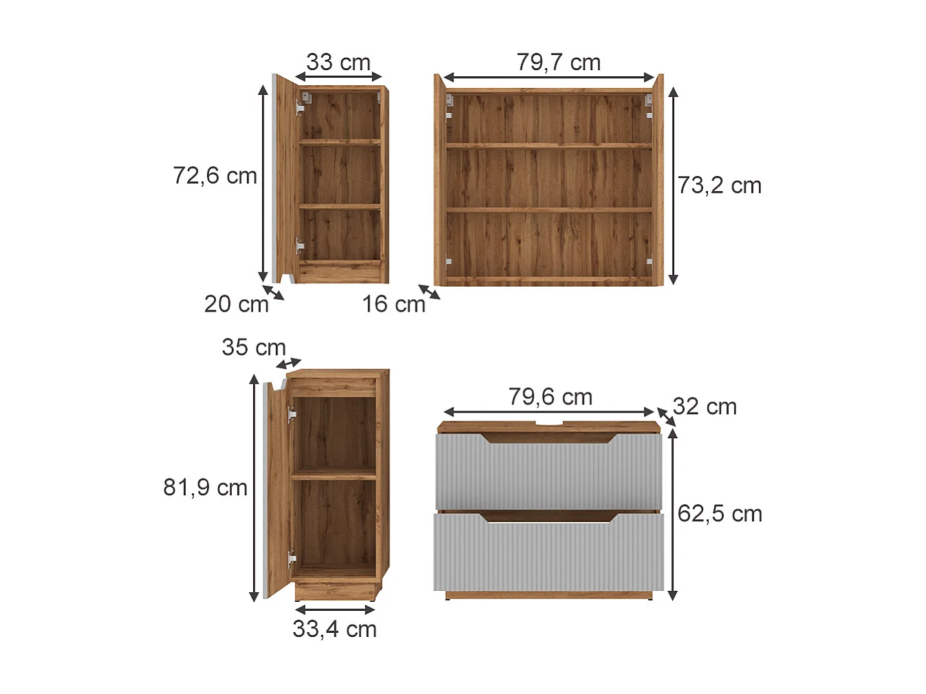 Zestaw mebli łazienkowych dąb/szary w paski 79.6x32x62.5 lotta
