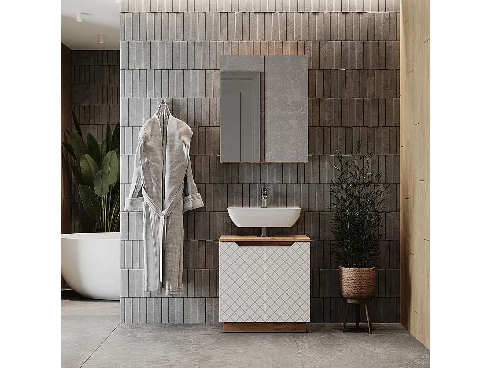 Meubles bain chêne/blanc avec structure en carreaux 59.8x32x62.1 lotta