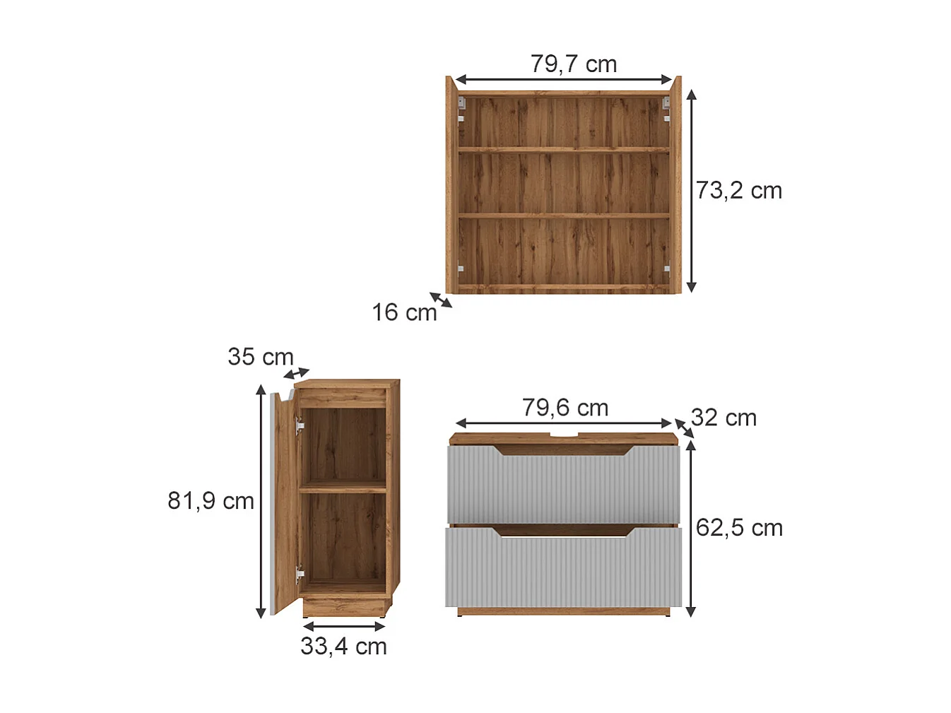 Set di mobili da bagno rovere/grigio a righe 79.6x32x62.5 lotta