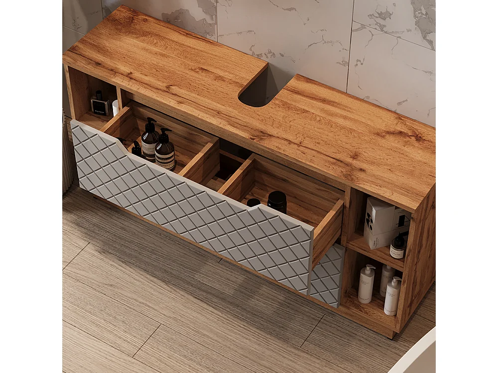 Badmöbel-Set eiche/grau mit kachelstruktur 119.2x35x62.5 lotta