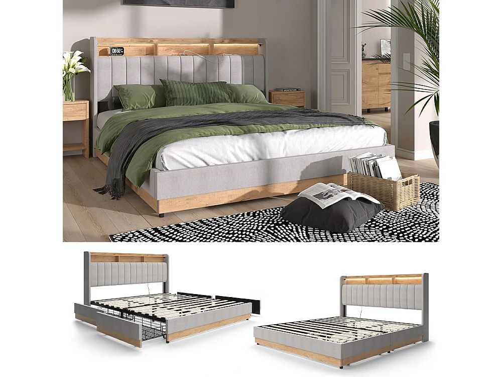 Letto imbottito grigio 187.5x216x113.2 nura