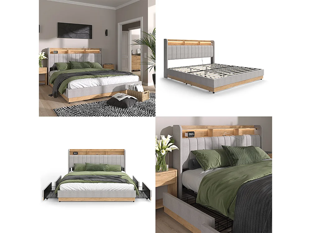 Letto imbottito grigio 187.5x216x113.2 nura