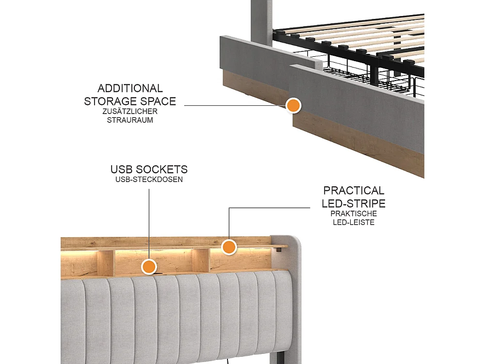 Letto imbottito grigio 187.5x216x113.2 nura