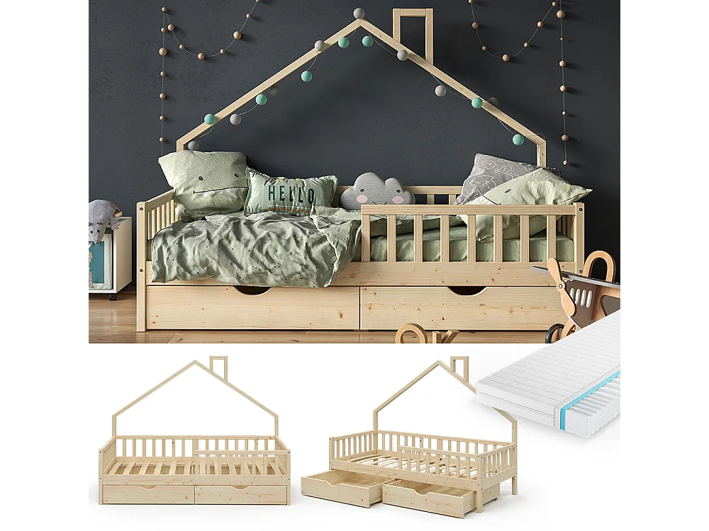 Lit cabane naturel bois 208x93x155 noemi