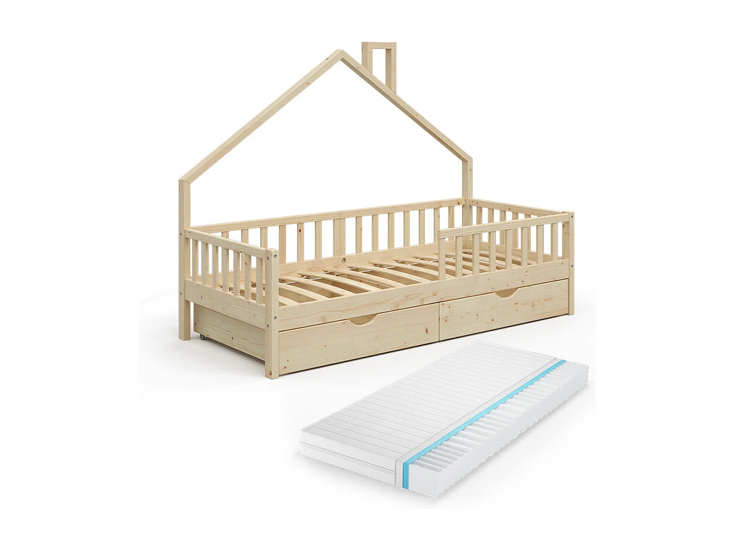 Cama en forma de casa madera natural 208x93x155 noemi