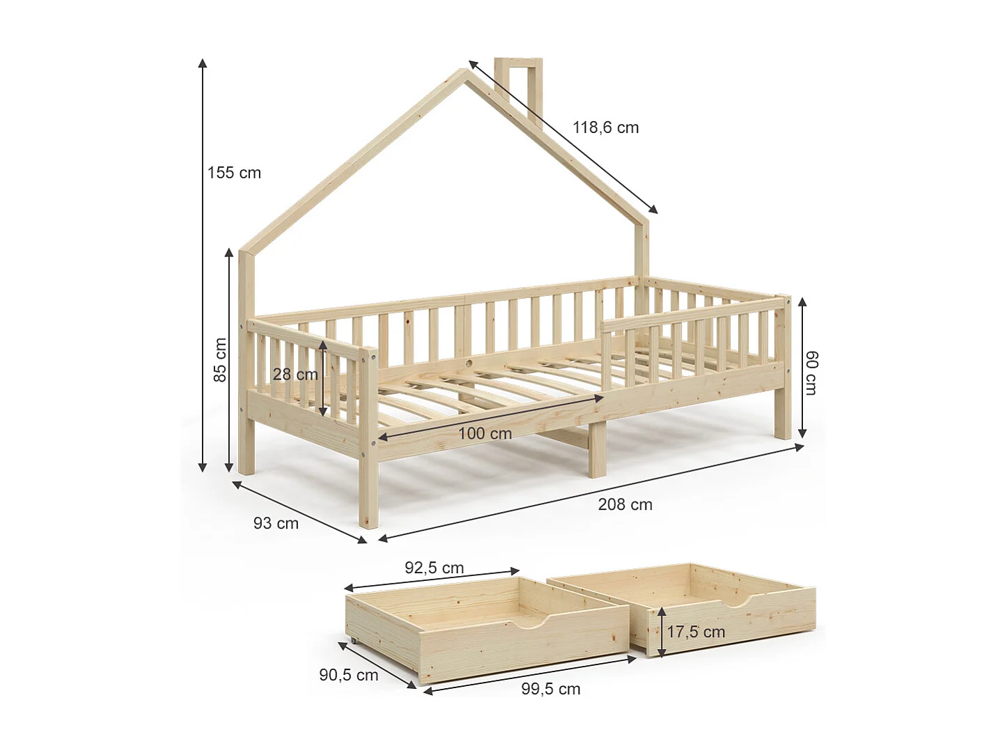 Cama en forma de casa madera natural 208x93x155 noemi