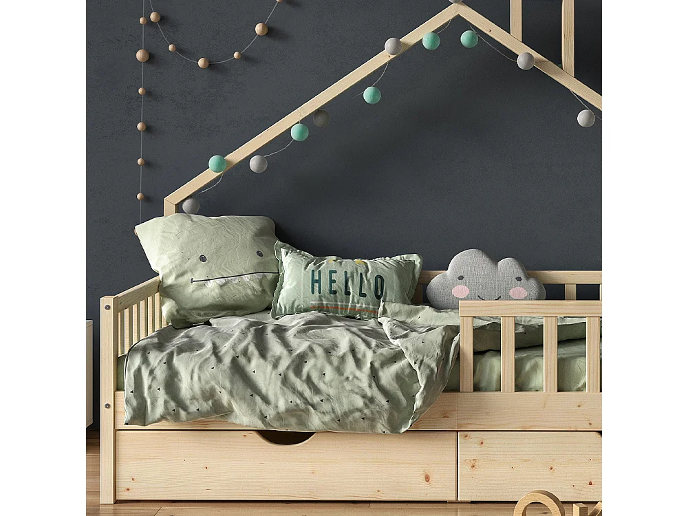 Cama en forma de casa madera natural 208x93x155 noemi