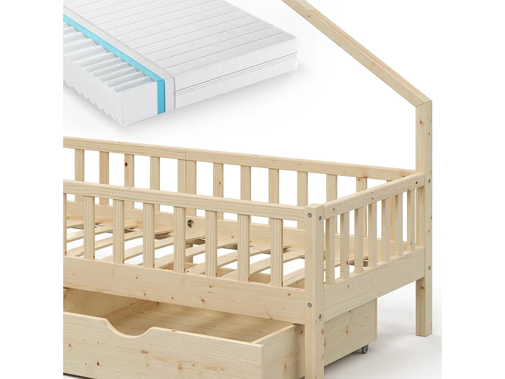 Cama en forma de casa madera natural 208x93x155 noemi