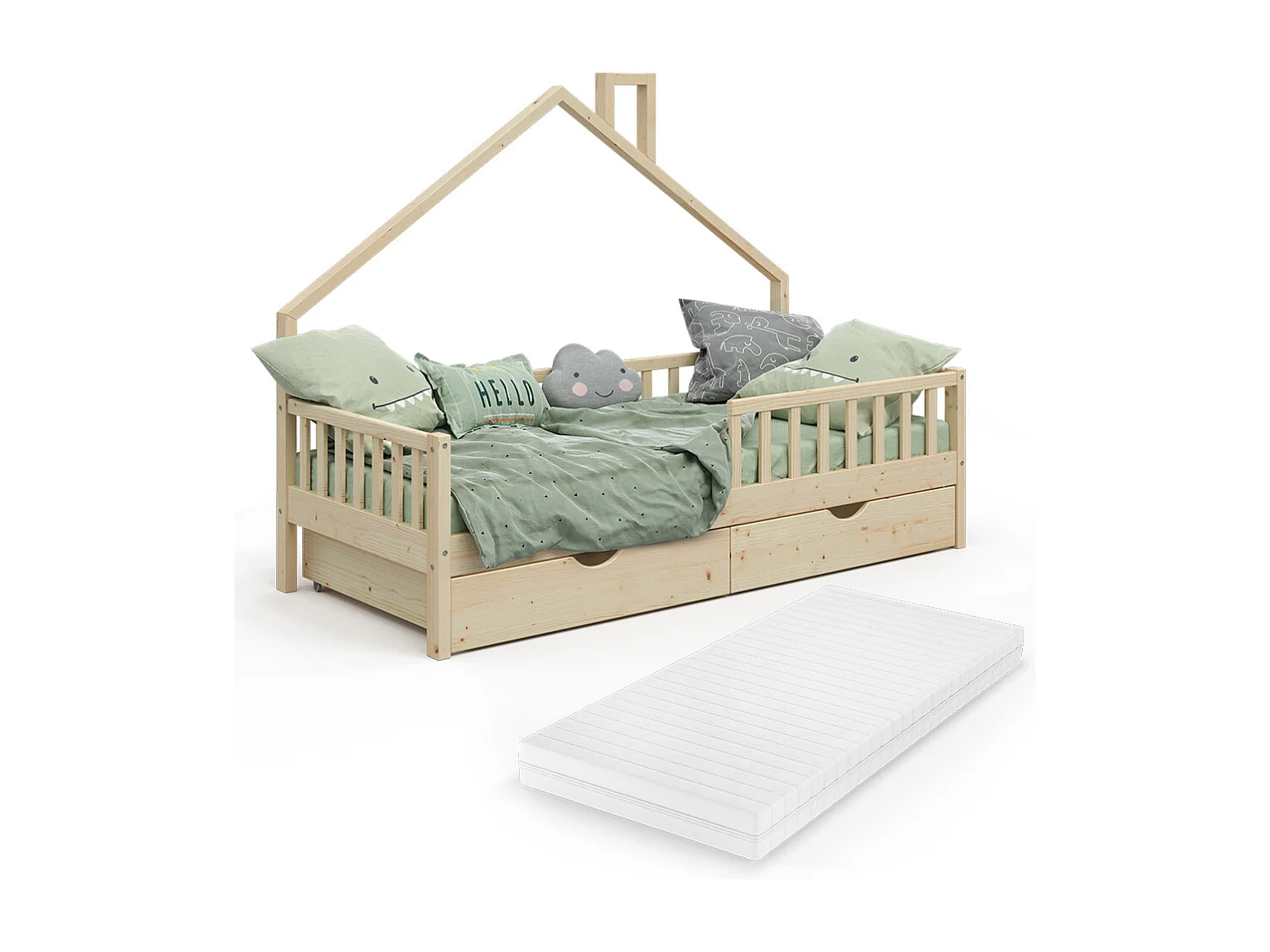 Cama en forma de casa madera natural 208x93x155 noemi