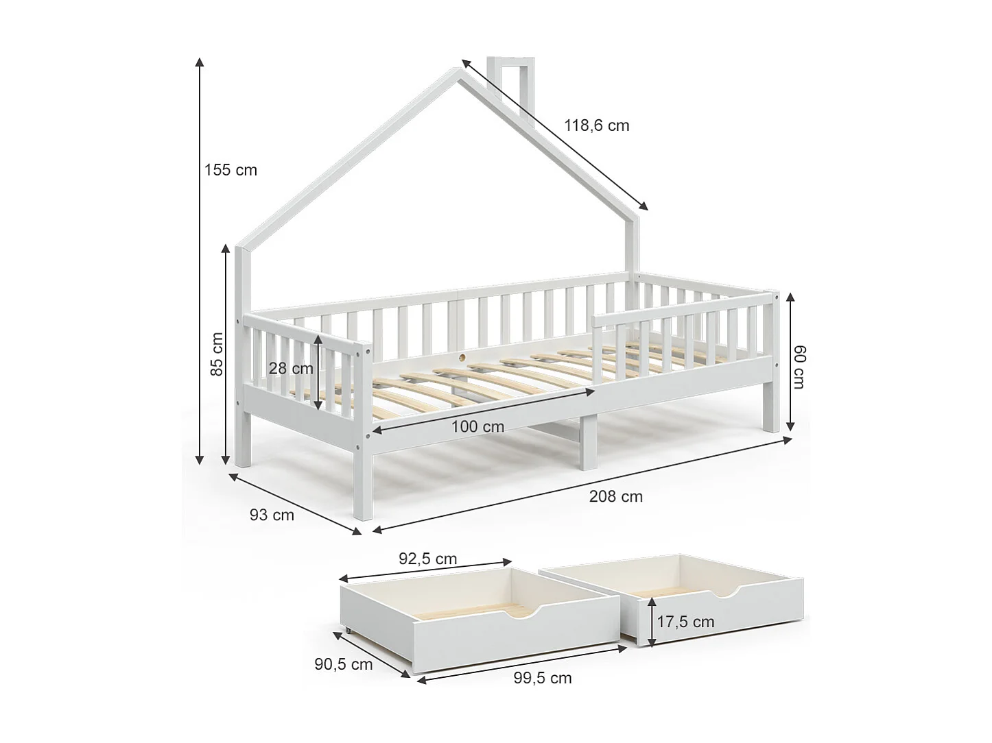 Lit cabane blanc 208x93x155 noemi