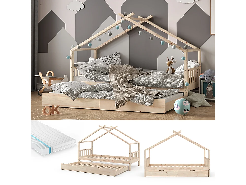 Lit cabane naturel bois 208x97x148 design