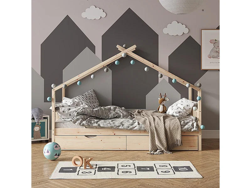 Lit cabane naturel bois 208x97x148 design