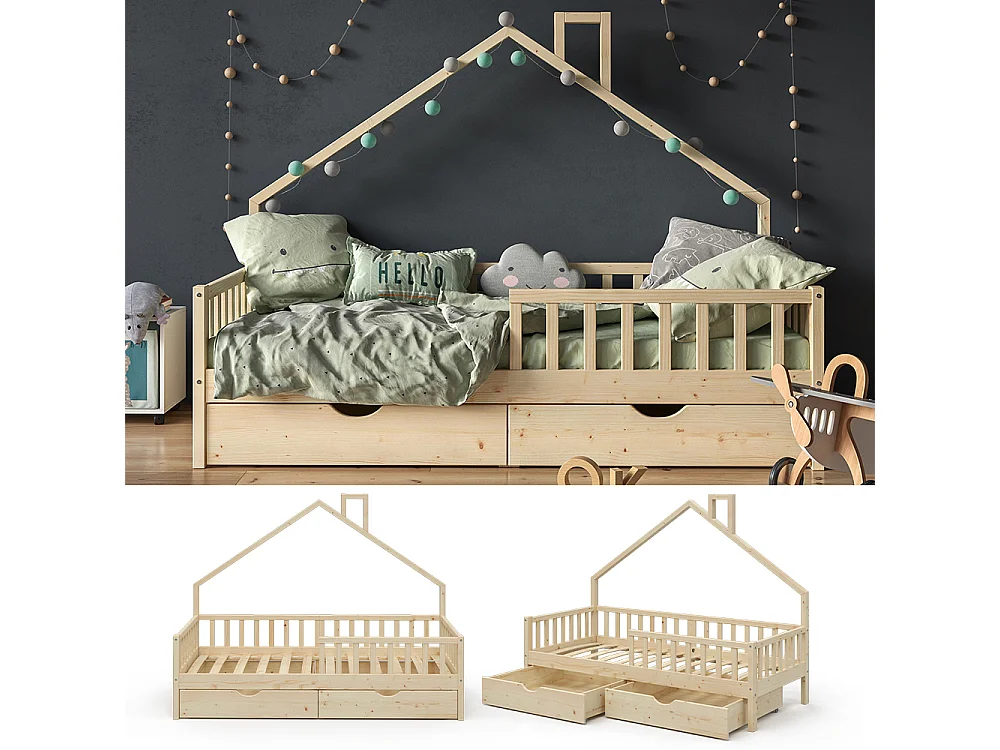 Lit cabane naturel bois 208x93x155 noemi