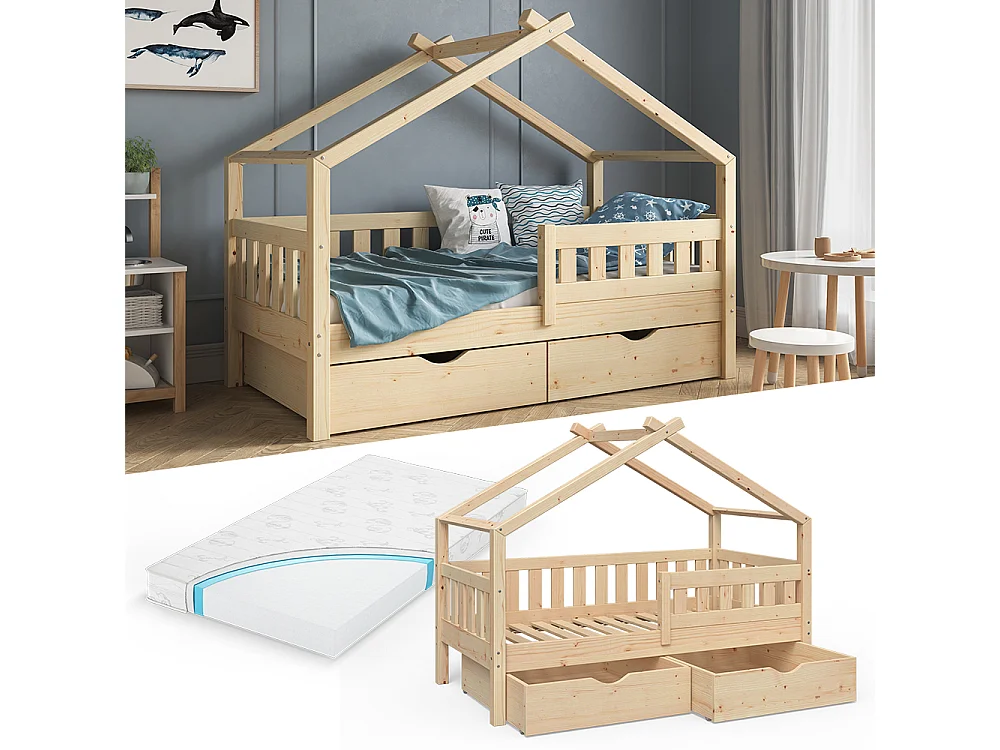 Lit cabane naturel bois 167.6x87.6x133.6 design