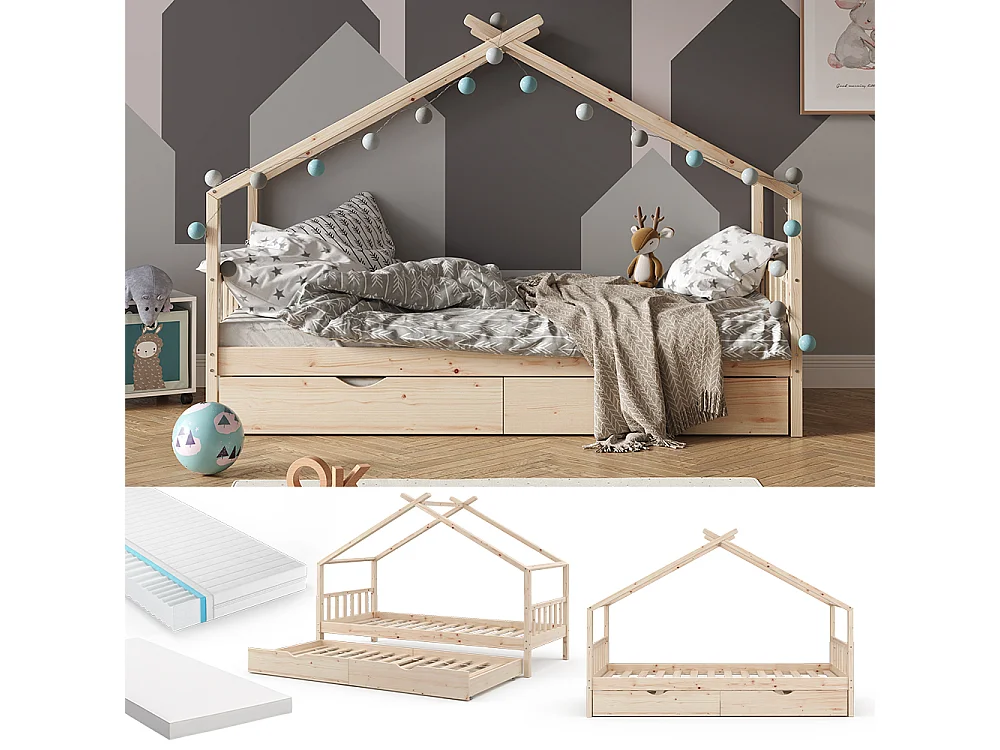 Lit cabane naturel bois 208x97x148 design