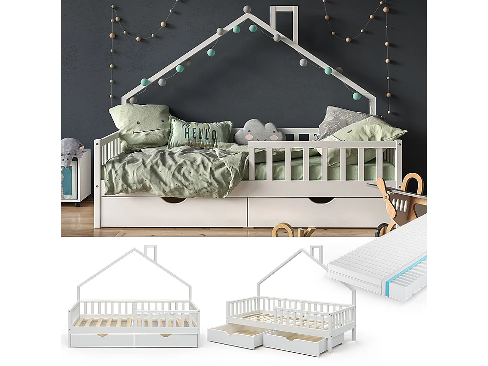 Lit cabane blanc 208x93x155 noemi