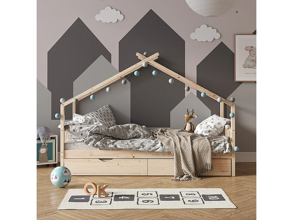 Lit cabane naturel bois 208x97x148 design