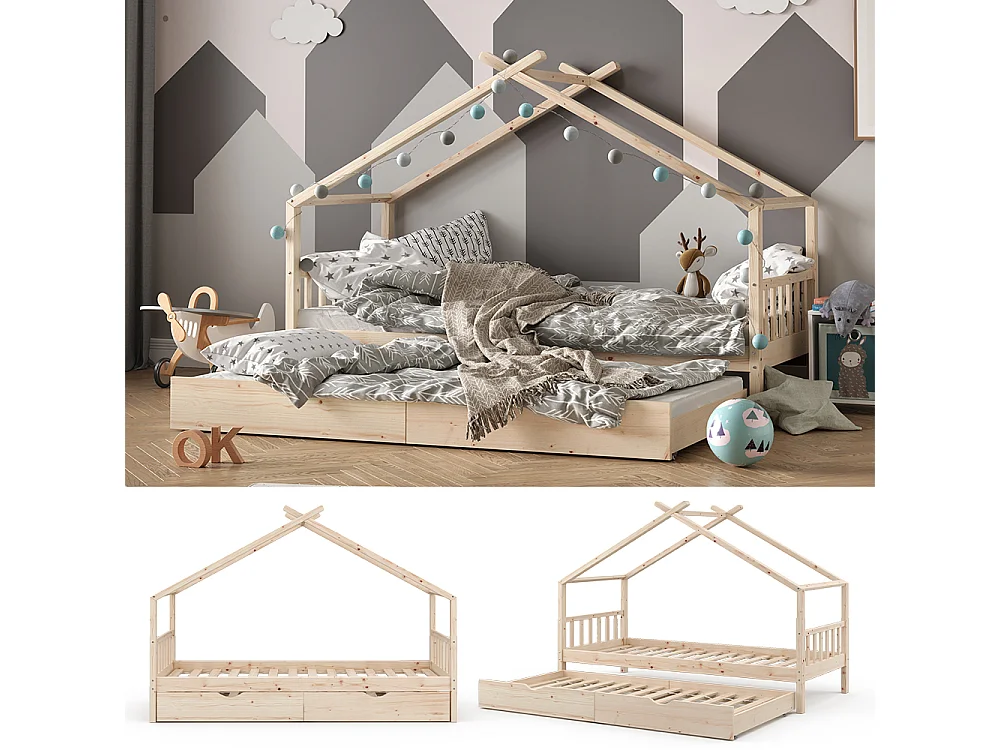 Lit cabane naturel bois 208x97x148 design