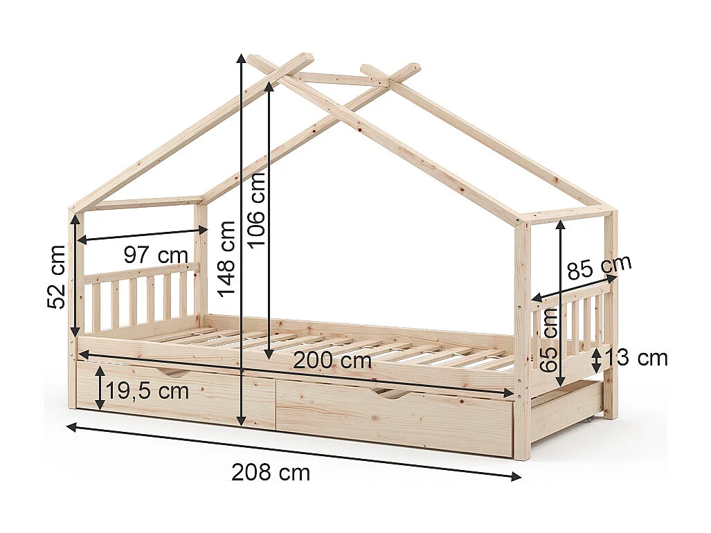 Lit cabane naturel bois 208x97x148 design