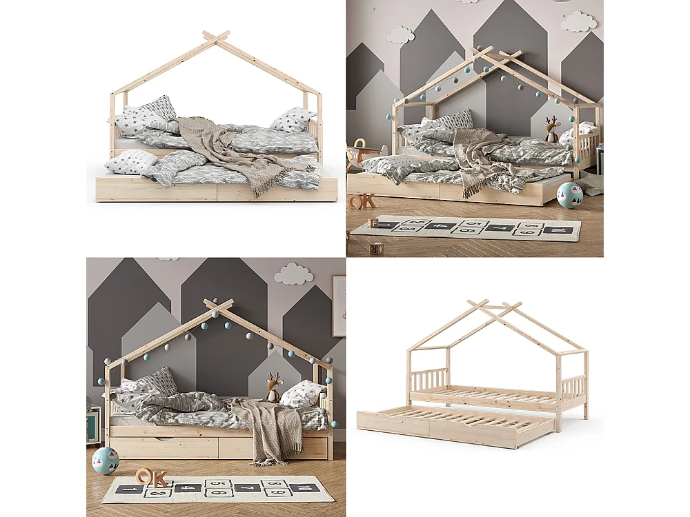 Lit cabane naturel bois 208x97x148 design