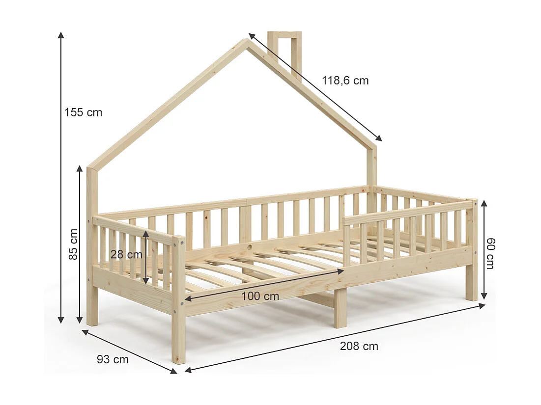 Lit de maison naturel bois 208x93x155 noemi