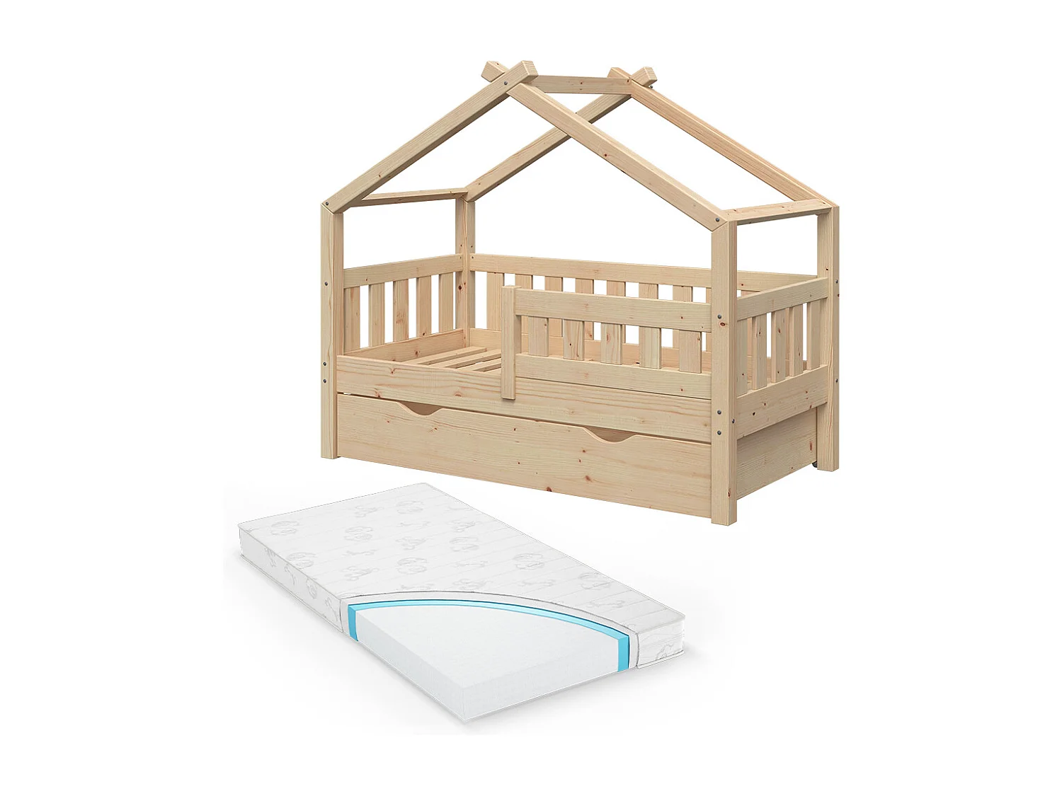 Lit cabane naturel bois 147.6x77x127.9 design