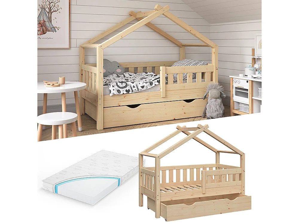 Lit cabane naturel bois 147.6x77x127.9 design