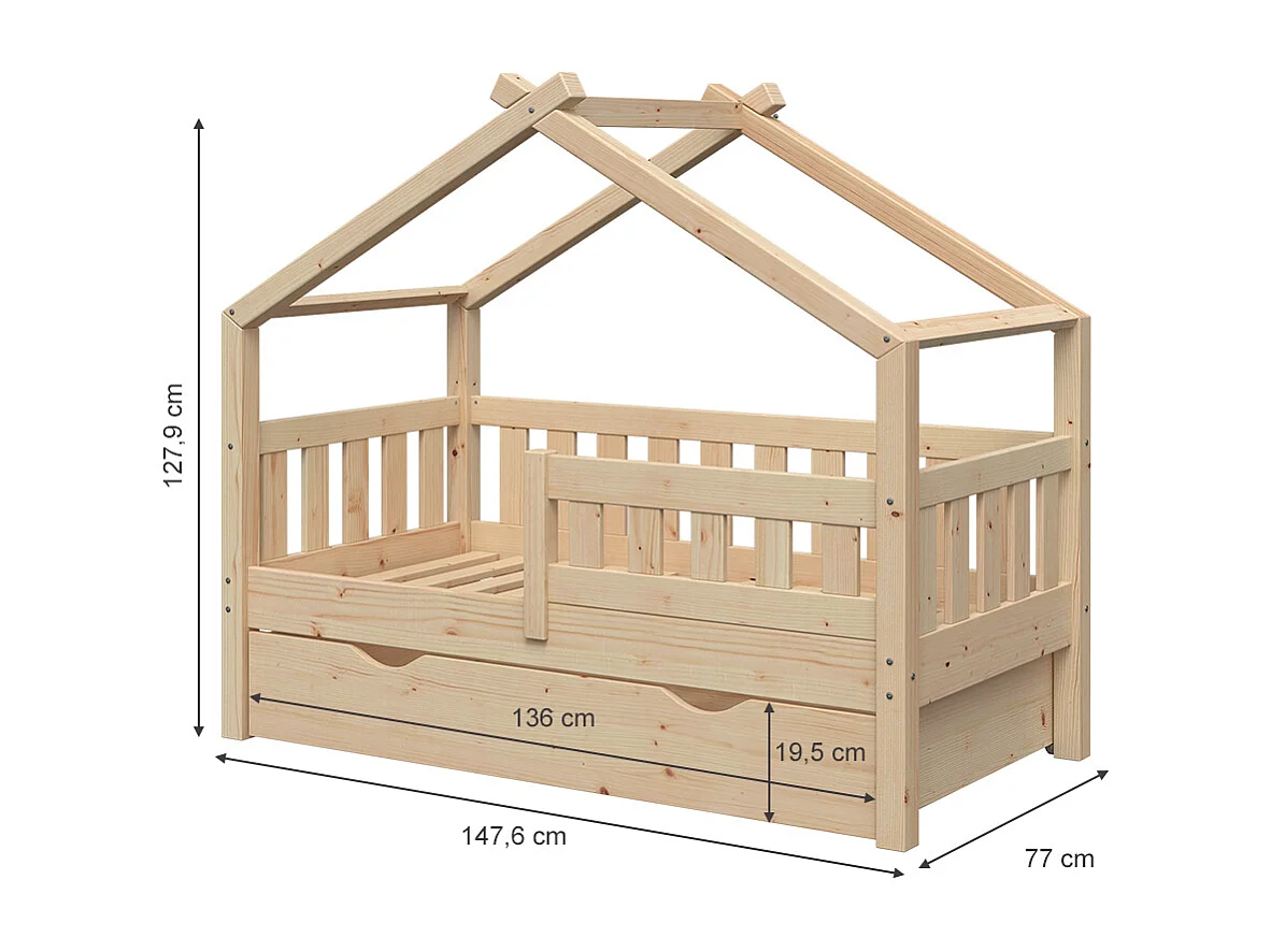 Lit cabane naturel bois 147.6x77x127.9 design