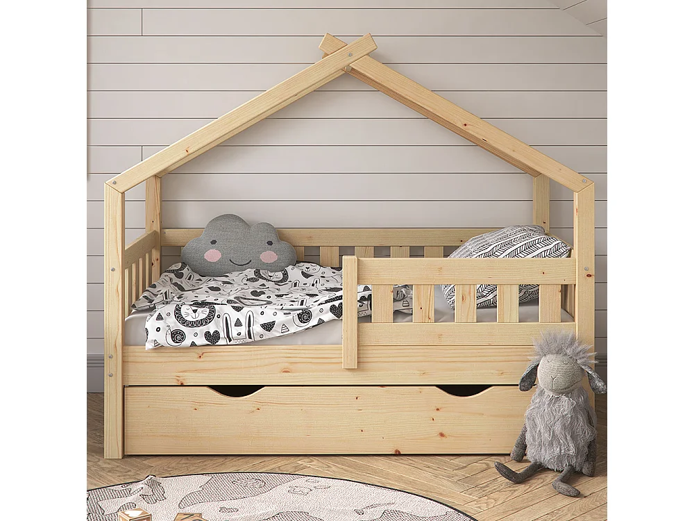 Lit cabane naturel bois 147.6x77x127.9 design