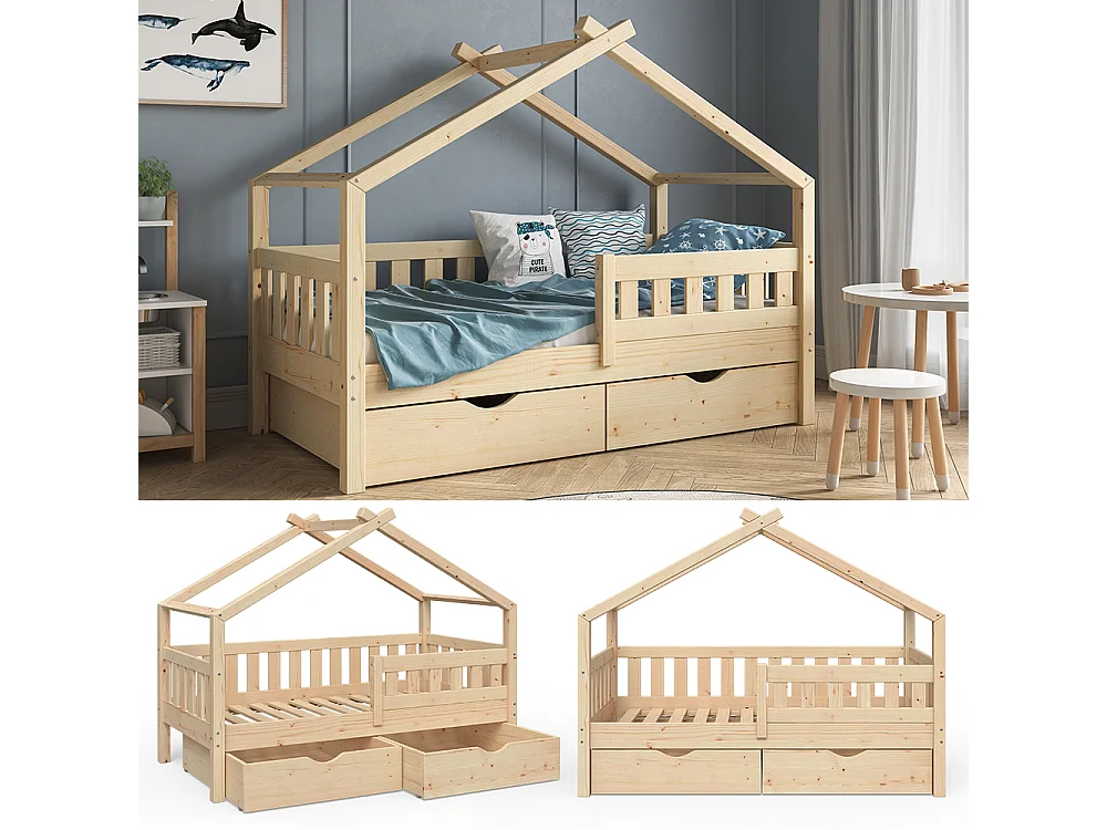 Lit cabane naturel bois 167.6x87.6x133.6 design