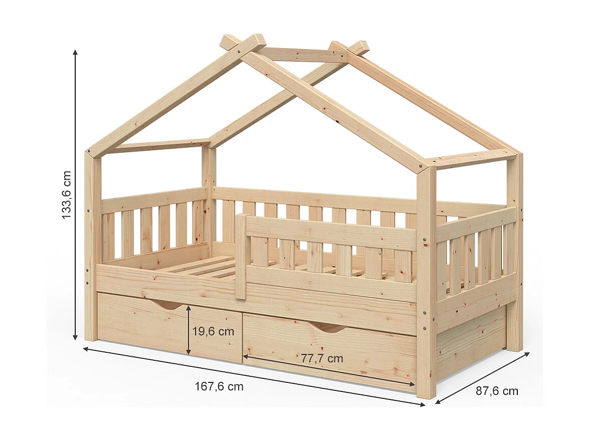 Lit cabane naturel bois 167.6x87.6x133.6 design