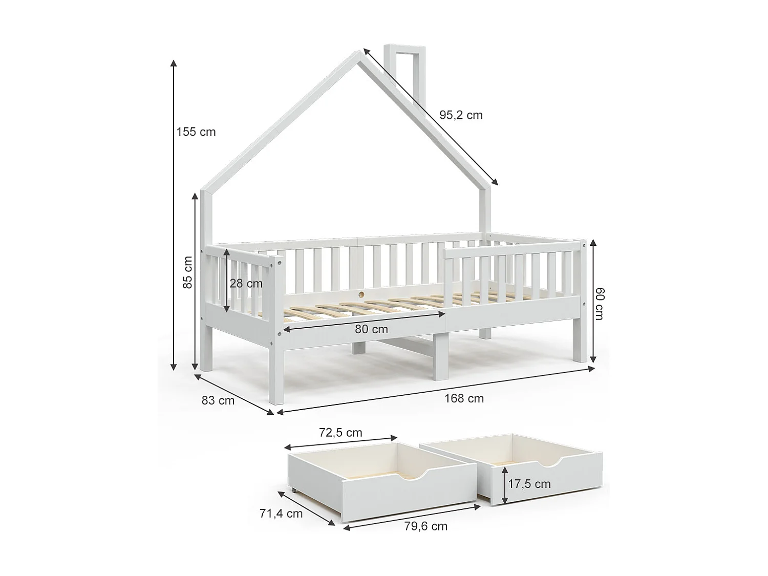 Lit cabane blanc 168x83x155 noemi