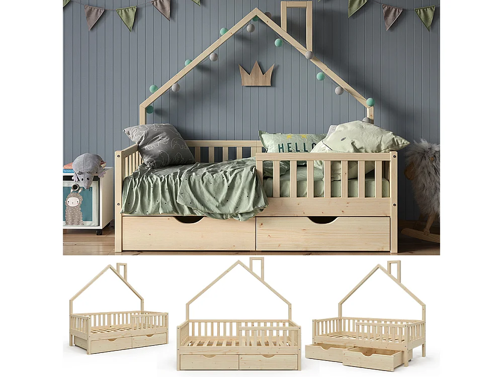 Lit cabane naturel bois 168x83x155 noemi