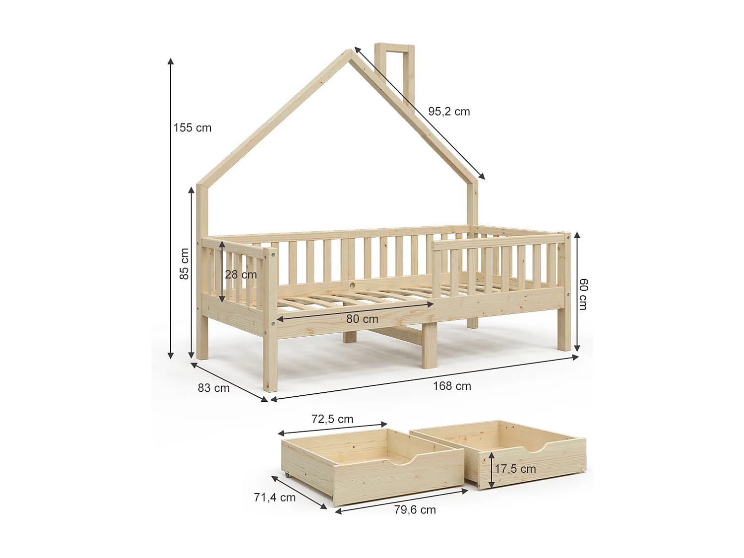 Lit cabane naturel bois 168x83x155 noemi