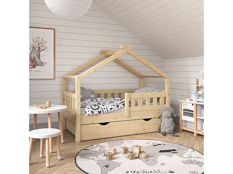 Lit cabane naturel bois 147.6x77x127.9 design