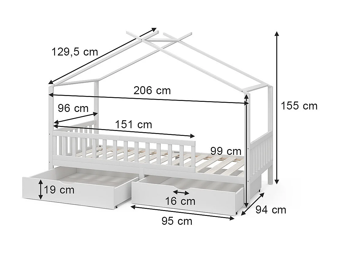 Lit cabane blanc 206x96x155 franka