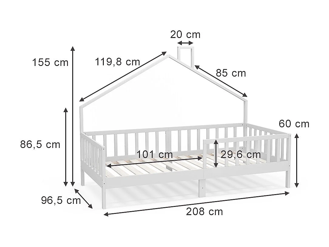 Lit cabane blanc 208x96.5x155 justus