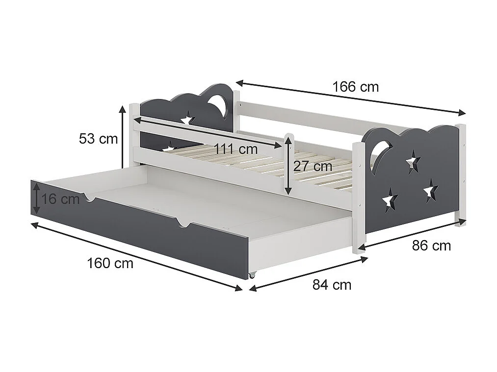 Letto per bambini grigio 166x86x53 jessica