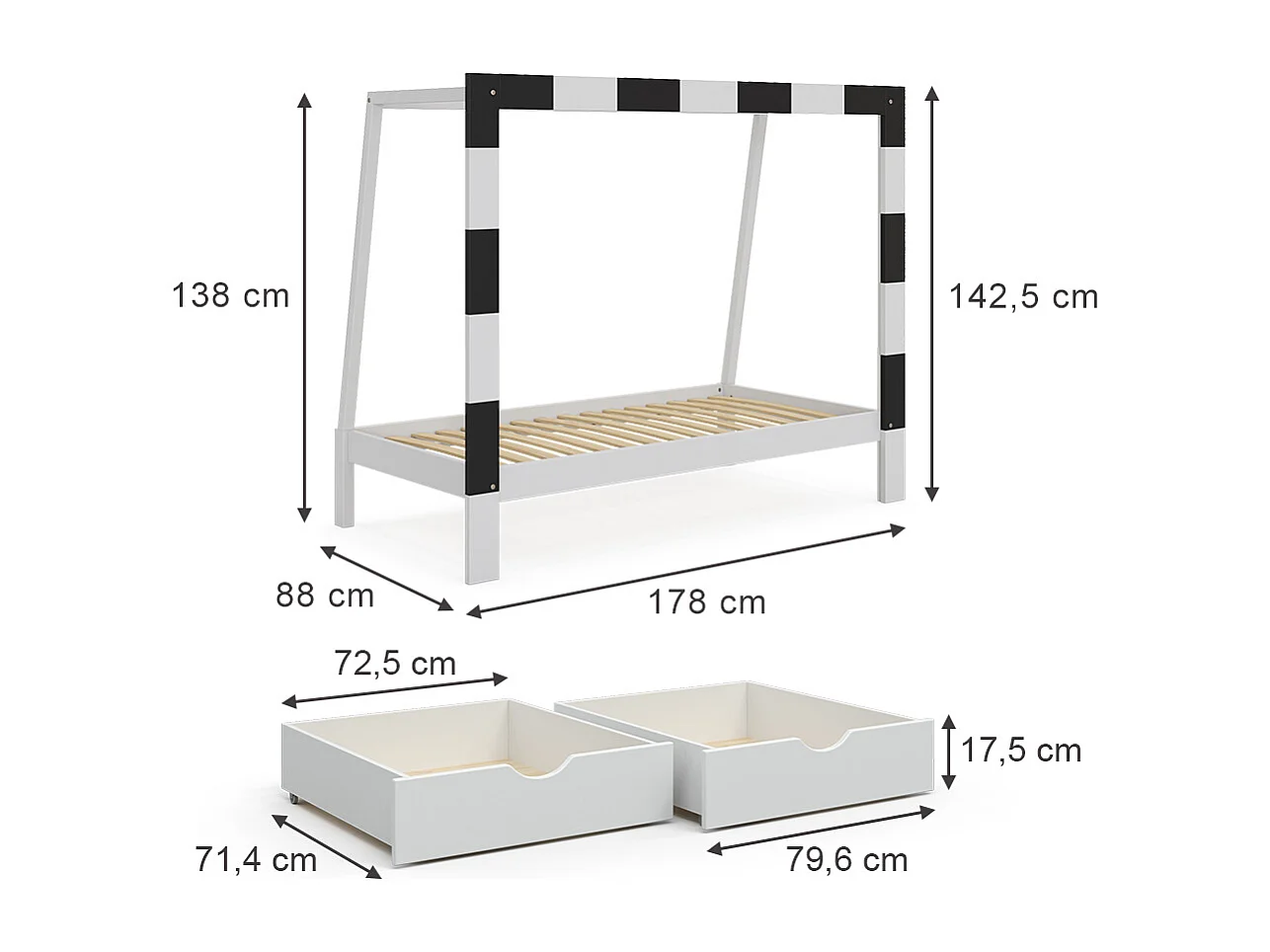 Børneseng hvid 178x88x142.5 football goal