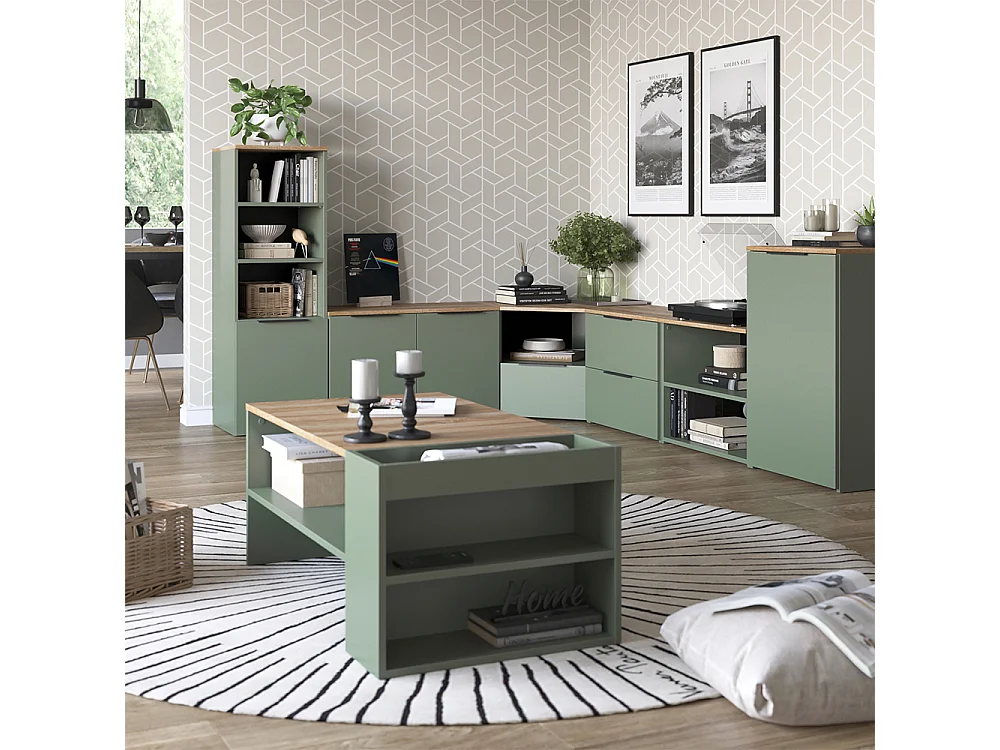 Ściana w salonie zielony 68x68x50 wido