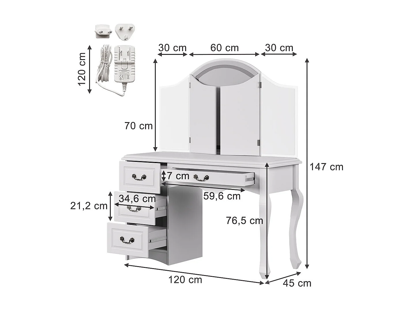 Schminktisch weiß 120x45x147 belle
