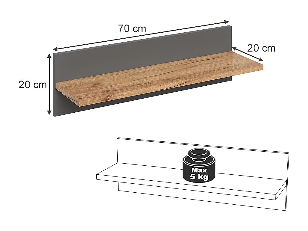Wandregal Kinderzimmer grau/artisan 70x20x20 malia