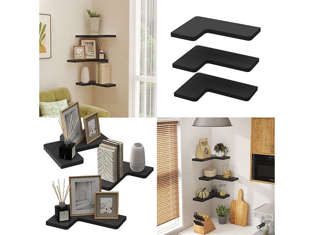 Corner shelf black 40.5x28.5x2.5 curva