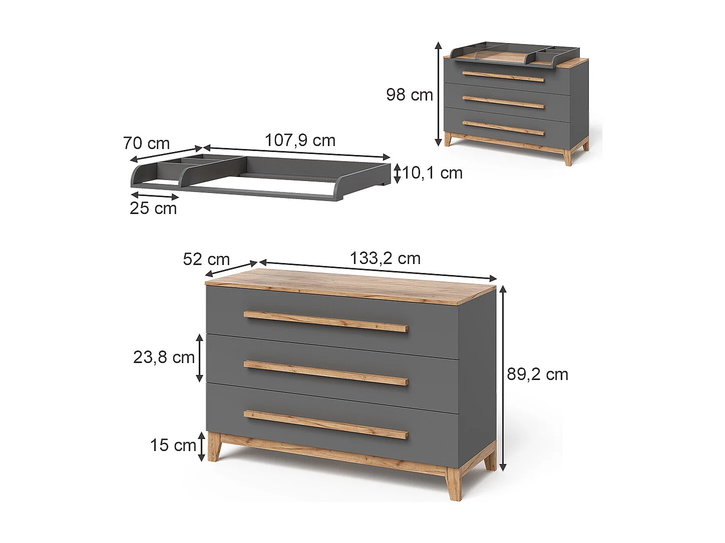Verschoontafel grijs/kunstnijverheid 133.2x70x98 malia