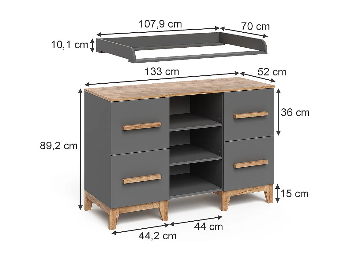 Table à langer gris/artisan 133x70x98 malia