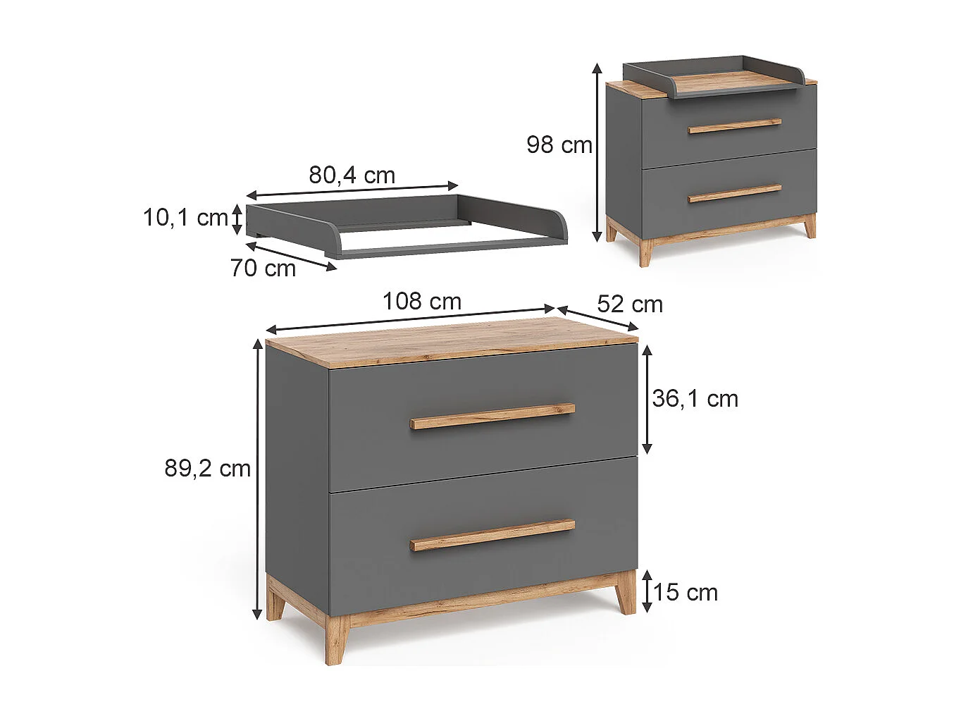 Table à langer gris/artisan 108x70x98 malia