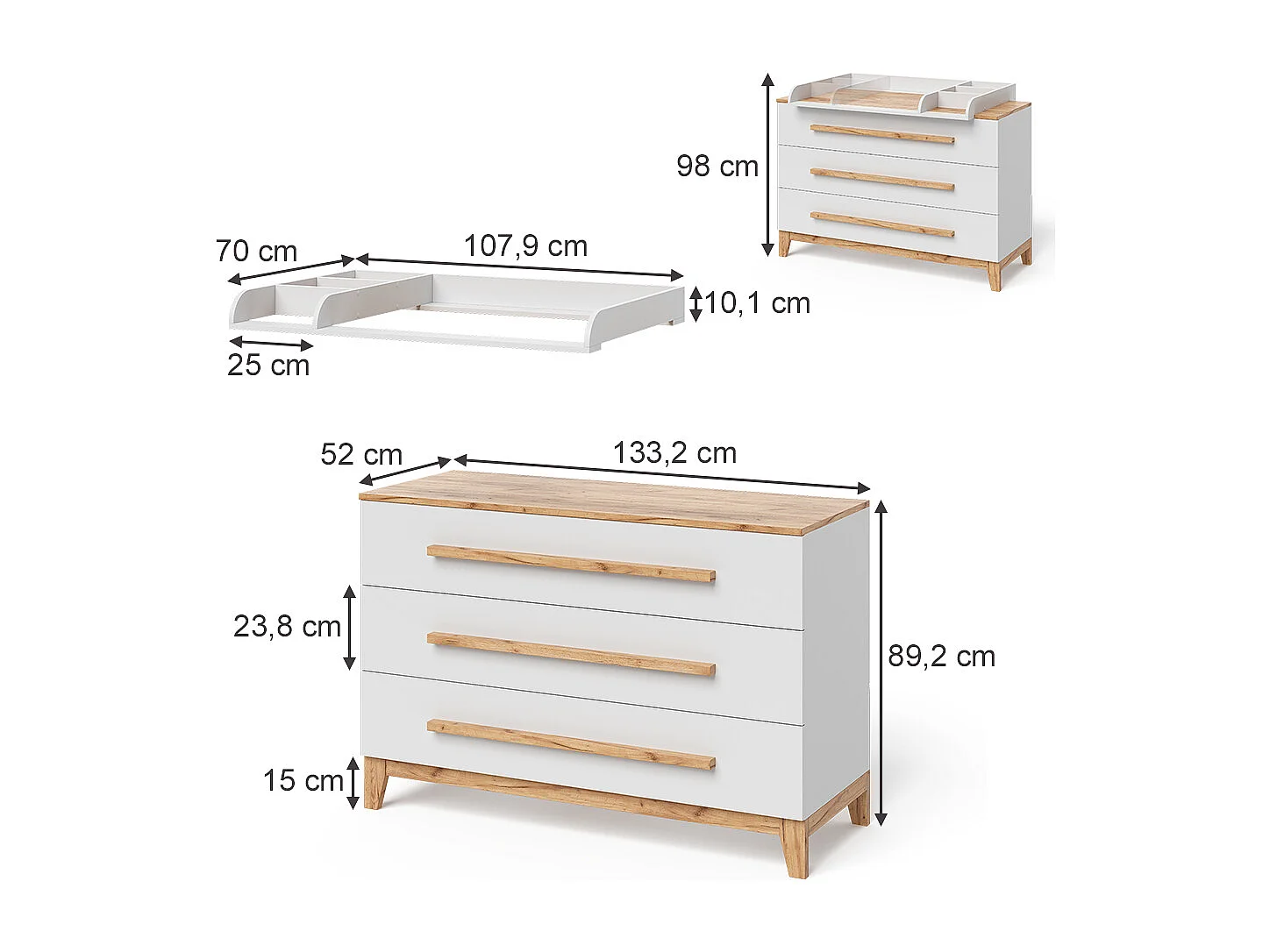 Verschoontafel wit/kunstnijverheid 133.2x70x98 malia